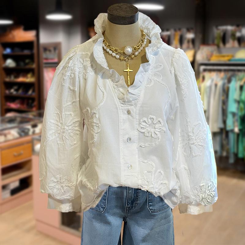 Cherrybetty Elegant Embroidered Flower Ruffle Neck Puff Sleeve Cotton Top Women Casual Style Vintage Blouse Cute Fall Outfits for Womenswear