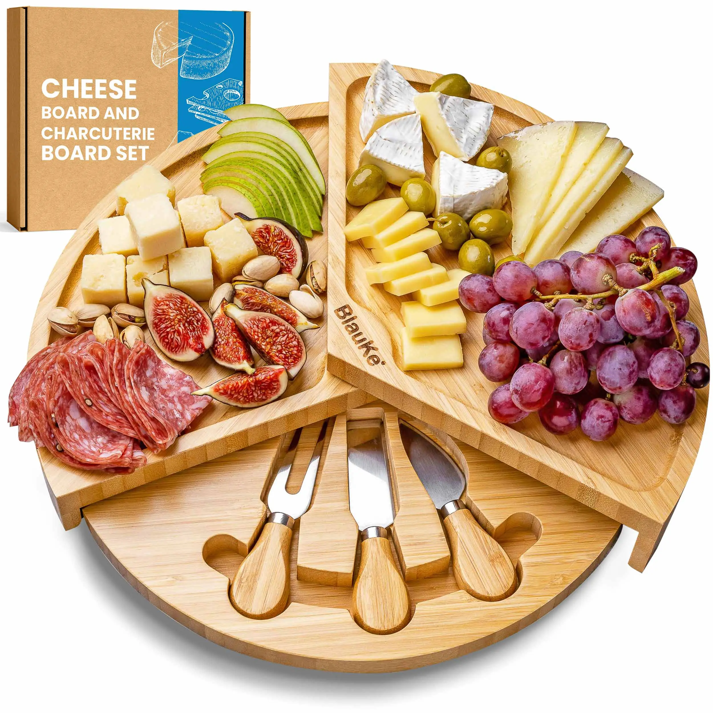 14-inch Bamboo Charcuterie Board & Cheese Knives and Spreaders Complete Set for Hostess, Swivel Top with Slide-Out Drawer