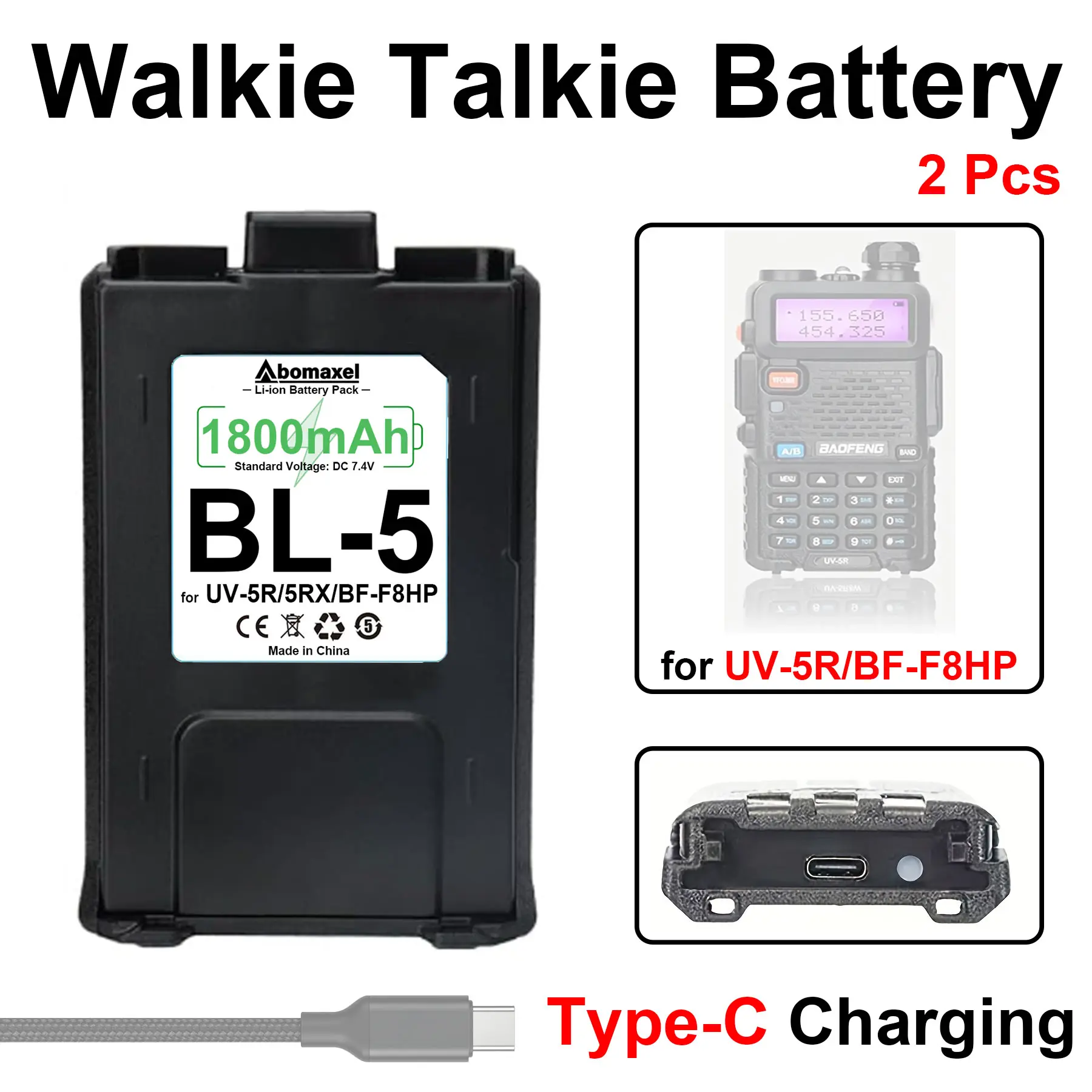BL-5 Type-C Port Battery for Two Way Radio, 2Pcs Replacement Battery for Portable Intercom, Walkie Talkie Battery, USB Type-C Charging Port, Li-ion Battery Replacement for 5R 5RX BF-F8HP Series, High Power and Large Capacity, 2 Pack