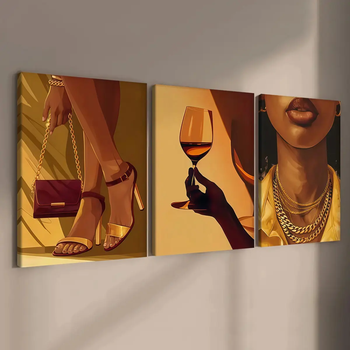 3-count wooden frame canvas, warm gold luxury trendy urban women's three-panel decorative poster, perfect home decor, corridor wall art, Wall Art Painting, waterproof, art, Canvas Prints