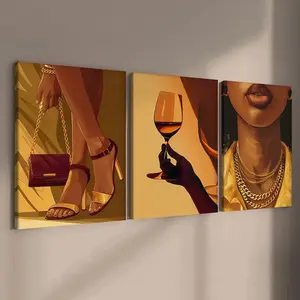 3-count wooden frame canvas, warm gold luxury trendy urban women's three-panel decorative poster, exquisite and fashionable women's poster, perfect living room and bedroom decoration, modern family poster, corridor wall art, waterproof, art, Canvas Prints
