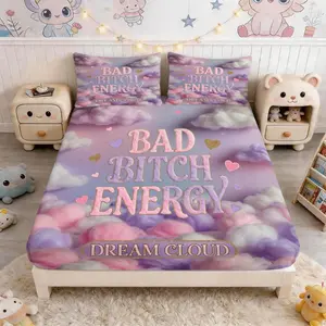 Coquette "Bad Bitch Energy" Fitted Sheet Set, 3-Piece Printed Bed Sheet, Girly Cloud Pattern Fitted Sheet Set, Soft & Skin-Friendly, Cute Bed Decor for Bedroom, Dorm & Teen Room