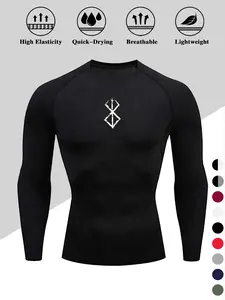 Men's Sporty Long Sleeve Compression Shirt, Quick-Dry Sweat-Wicking Round Neck Top, High Stretch Polyester Elastane Blend, Ideal for Running & Gym, Casual Sporty Top, Athletic Tops, Athletic Compression Shirts