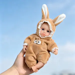 Silicone Reborn Baby 6 Inch Mini Doll, Realistic Lifelike Eyes, Soft Brown Bunny Outfit, Portable Collectible Doll Keychain with Gift Box for Kids & Adults, Lifelike Soft Dolls, Realistic Soft Dolls