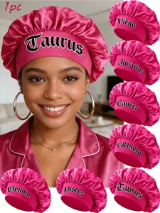 Hot Pink Satin Zodiac Sleep Cap, Gothic Letter Embroidery Hair Bonnet, Full Coverage Night Hat for Curly Hair, Silky Sleeping Bonnet for Women