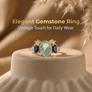Elegant and stylish 14K gold-plated synthetic aquamarine multi-stone engagement ring, blue cubic zirconia cluster-set ring, promise ring, statement ring, women's jewelry