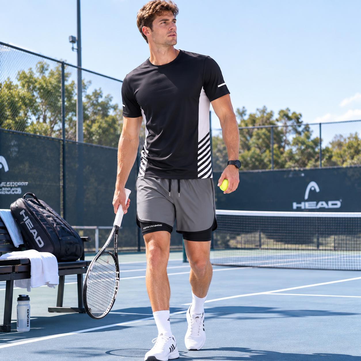 Men's 2-Piece Polyester Plain Workout Set - Quick Dry Gym T-Shirt, 2-in-1 Athletic Shorts with Liner & Phone Pocket for Running, Training