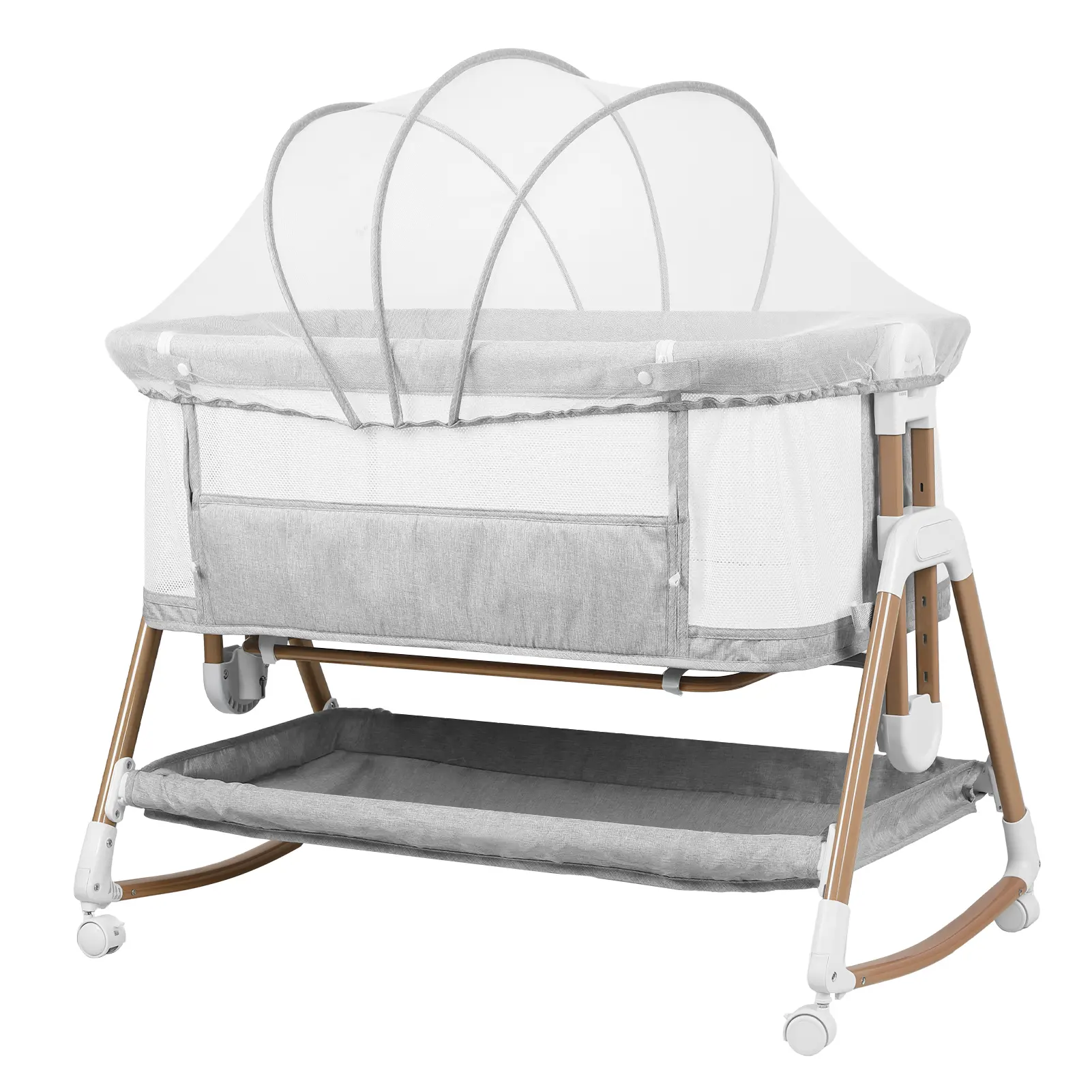 Explorinox 3-in-1 Baby Bassinet - Rocking Bedside Crib with Soft Mattress, Wheels, 6 Height Adjustments, Easy-Folding Portable Design for Newborns