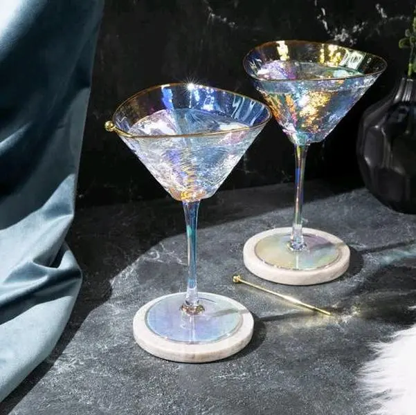 Iridescent Handmade Hammered Martini Glasses (Set of 2) with Cocktail Picks