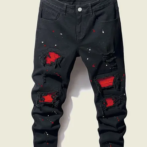 Men's Ripped Splashed Ink Printed Denim Jeans - Relaxed Slim Fit, Mid Waist, Broken-In Look, Stretch, Chic Menswear Streetwear Clothing, Polyester-Rayon-Elastane Blend, Zipper Fly, Breathable All-Season Casual Bottoms