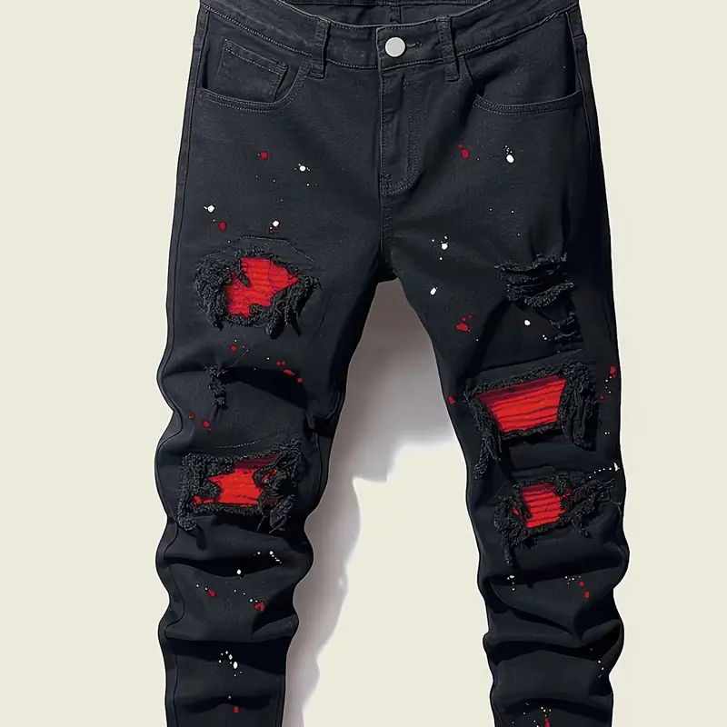 Men's Ripped Splashed Ink Printed Denim Jeans - Relaxed Slim Fit, Mid Waist, Broken-In Look, Stretch, Chic Menswear Streetwear Clothing, Polyester-Rayon-Elastane Blend, Zipper Fly, Breathable All-Season Casual Bottoms