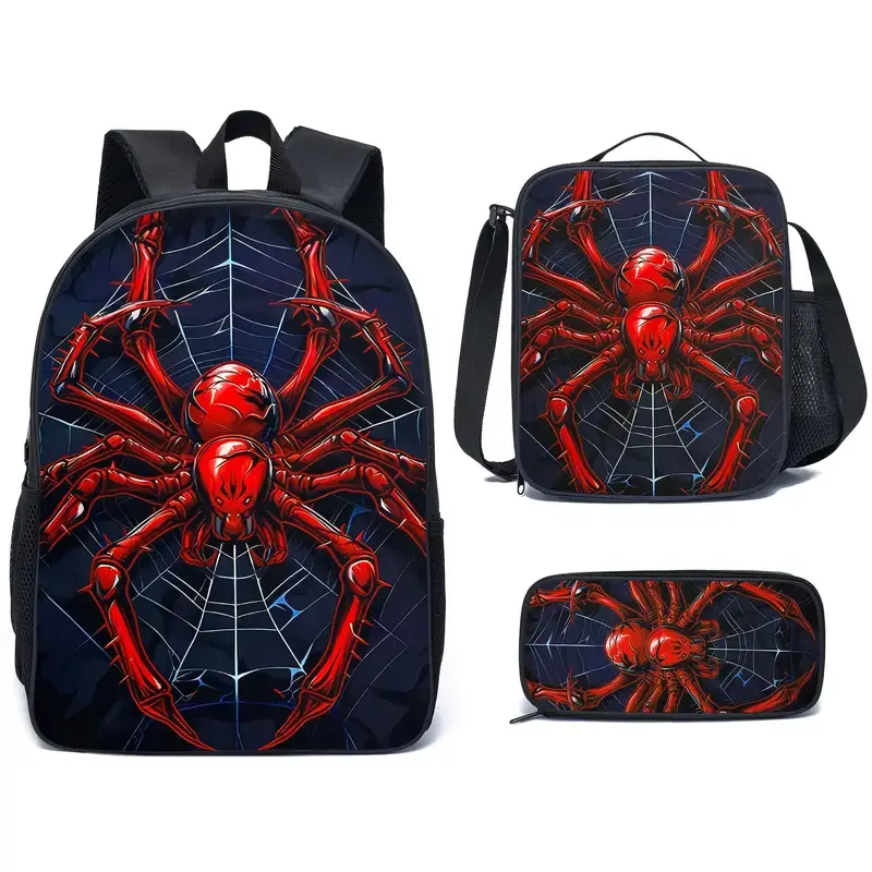 Spider Print Three-Piece Backpack Set, Polyester Bag Set for Men and Women with Large Capacity, Includes Square Pouch and Pencil Case, Adjustable Shoulder Straps, Double-Zipper, Animal Style, Suitable for Commuting, Travel, and Outdoor Activities backpack