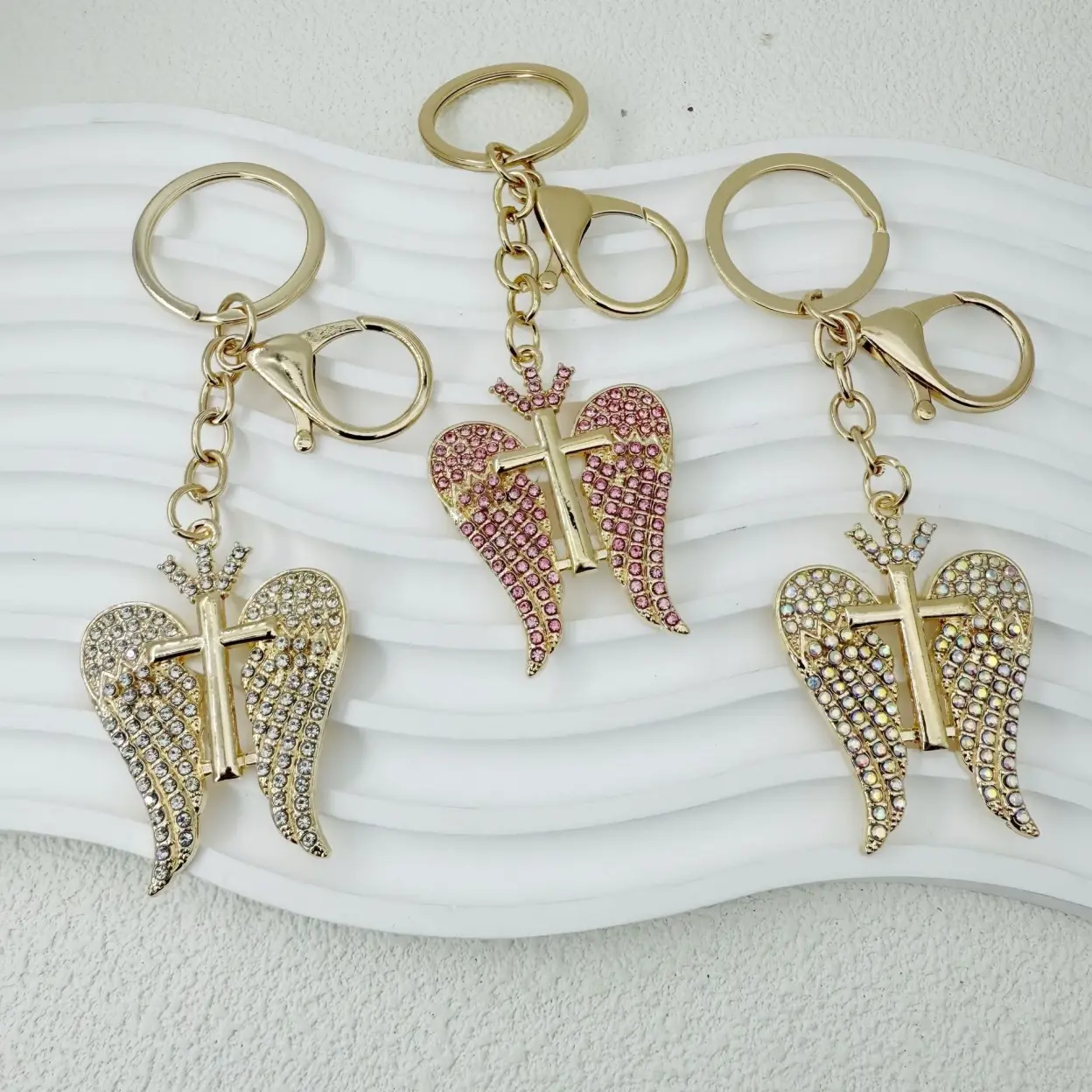 Elegant Gold-Plated Rhinestone Angel Wing Cross Keychain, Alloy Religious Bling Bag Charm Pendant, Anti-Loss Metal Key Loop Accessory for Car Keys, Handbags, Sports & Outdoor Gear, Meaningful Holiday Gift for Women,back to school,back to school haul