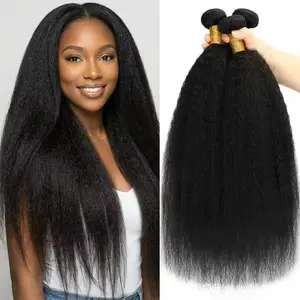 Kinky Straight Bundles Human Hair Yaki Straight Bundles -3 Pack Real Human Hair 100% Unprocessed Brazilian Hair Extensions Deals Black, Style Keep Texture Silky Soft, Sew-In Installation