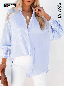 Women's Striped Print Button Front Frill Trim Raglan Sleeve Pocket Design Shirt Top, Casual Long Sleeve Shirred High Low Top for Spring & Fall, Ladies Clothes Button Front Ruffle Button Up Shirt Blouse