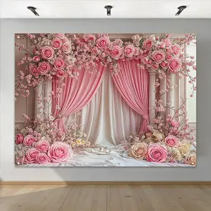 Romantic Rose Pattern Wedding Themed Backdrop, 1 Count Exquisite Wedding Party Decoration Backdrop, Wall Decor for Home Living Room Bedroom, Banners