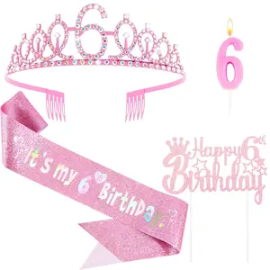 6th Birthday Party Decorations Set for Girls- Pink Crown, Glitter Sash, Number 6 Candle & Cake Topper Kit for Birthday Celebrations Party Supplies Gift