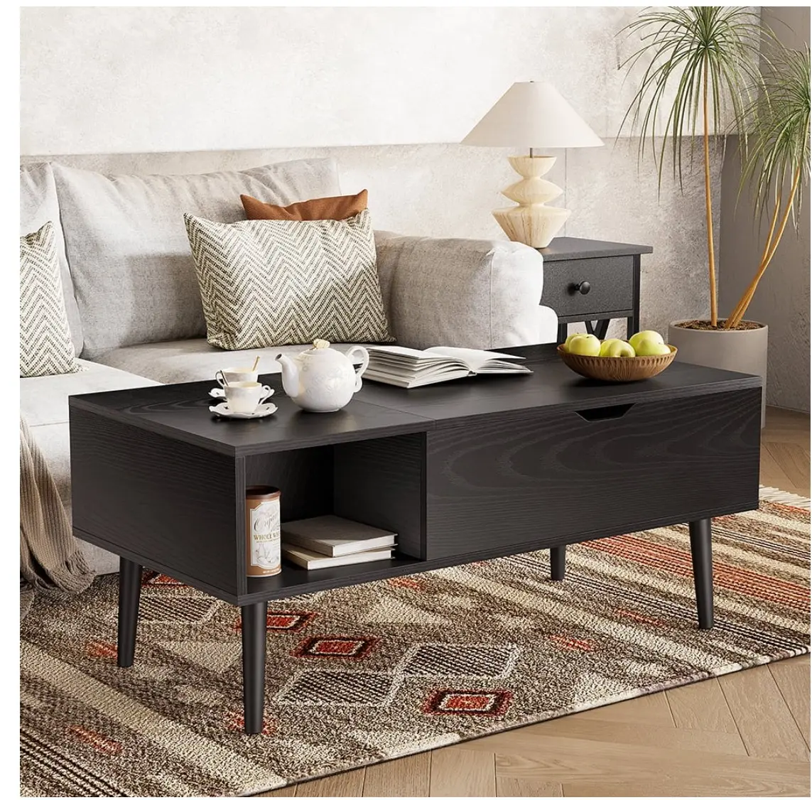 39.4"Lx19.6"Wx17.4"H Wood Lift Top Coffee Table with Hidden Compartment and Adjustable Storage Shelf