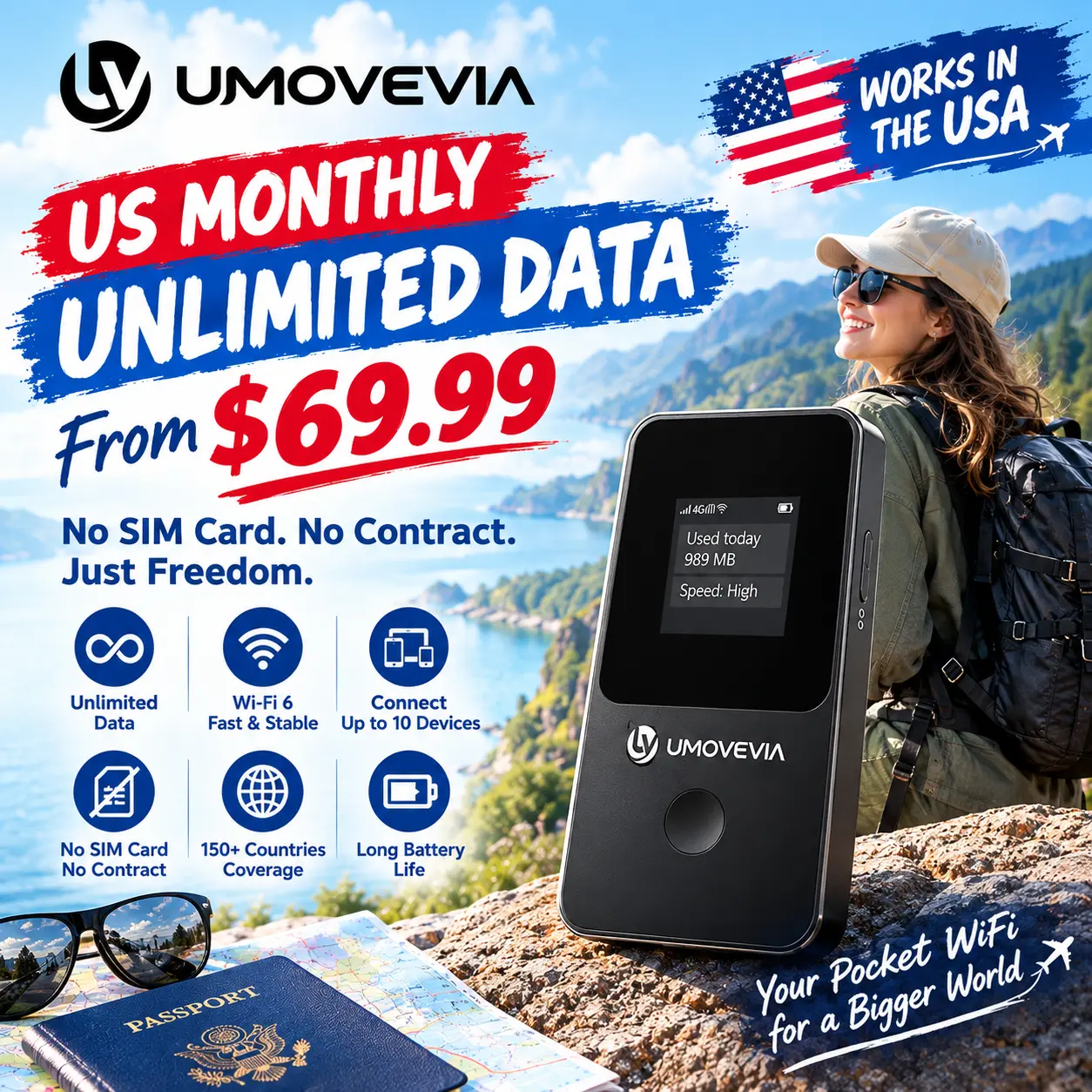 Umovevia Portable WiFi Hotspot, No SIM Card or Contract, Unlimited Monthly Data Plans Available in the USA, Stay Connected Anywhere