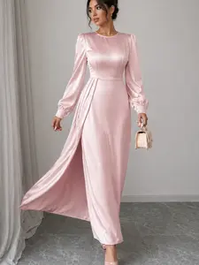 Women's Chic Long-Sleeve Polyester Satin Maxi Dress with Slit - Formal Clothes for Women