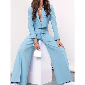 Lightweight Blazer Jacket - Women's Business Casual Outfits Suit Set - Wide Leg Pants Long Sleeve Fabric Spandex Womenswear Button Polyester Fitted
