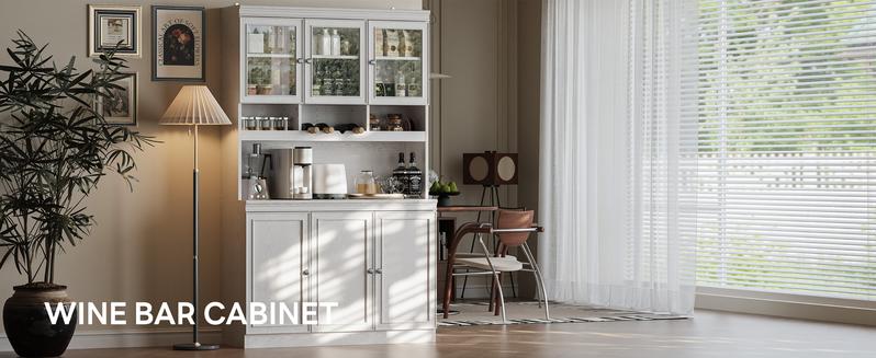 LIKIMIO 74.8" Cabinet with Glass Doors, Tall Kitchen Pantry, Storage Cabinet with Microwave Stand, 4 Adjustable Shelves, Wine & Glass Station, Modern Display Cabinet for Home Living Room