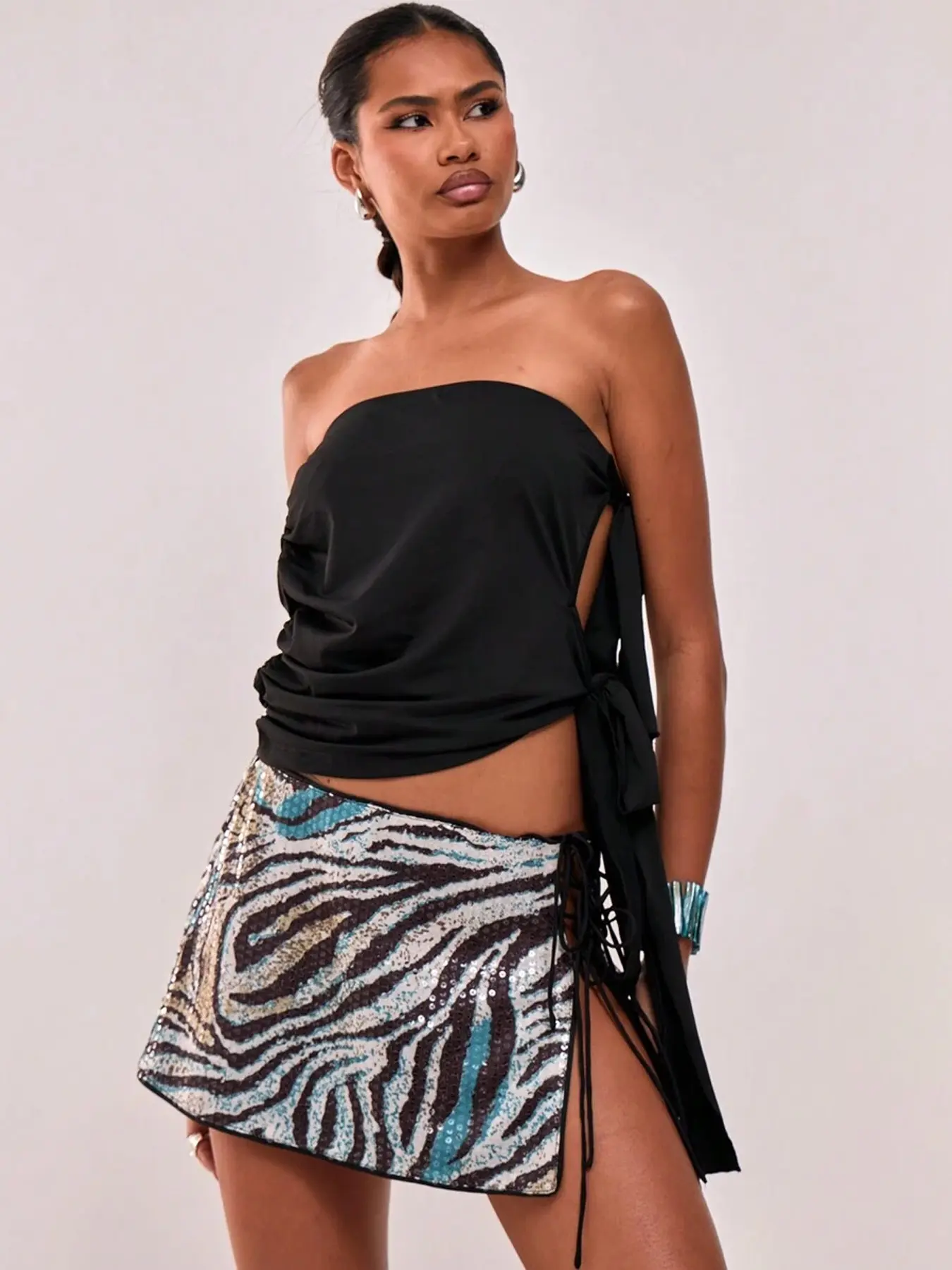 Women's Zebra Sequin Leopard Print Short Skirt, Fashion Sexy Style, Side Tie Design, Young Women Party Nightclub Wear, Mini Slim-Fitting, Aesthetic Fashionable Skirt