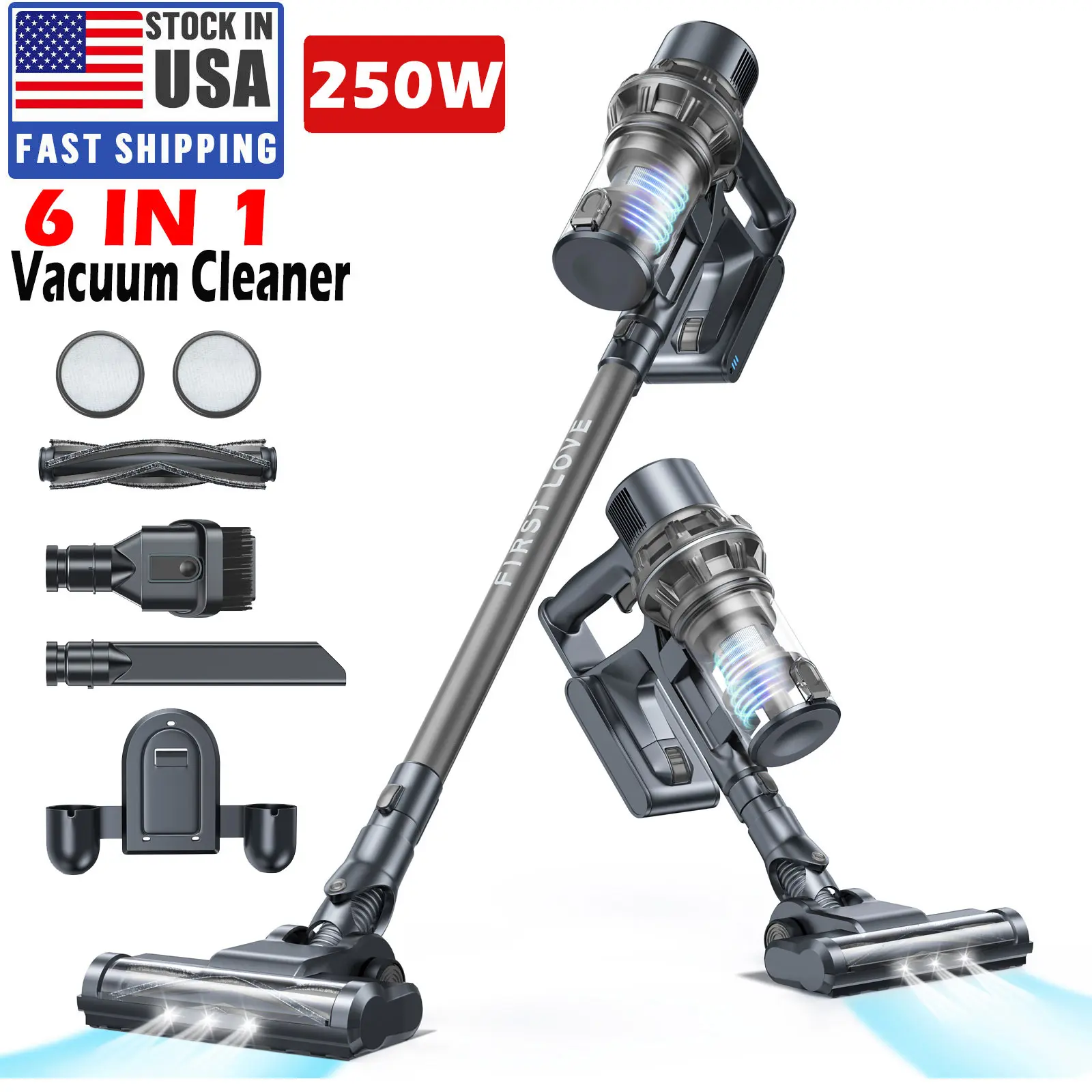 FirstLove Cordless Vacuum Cleaner - Powerful 6 in 1 Stick Vacuum for Pet Hair Carpet Hard Floor, Lightweight & Rechargeable with up to 45-Min Runtime, Detachable Battery
