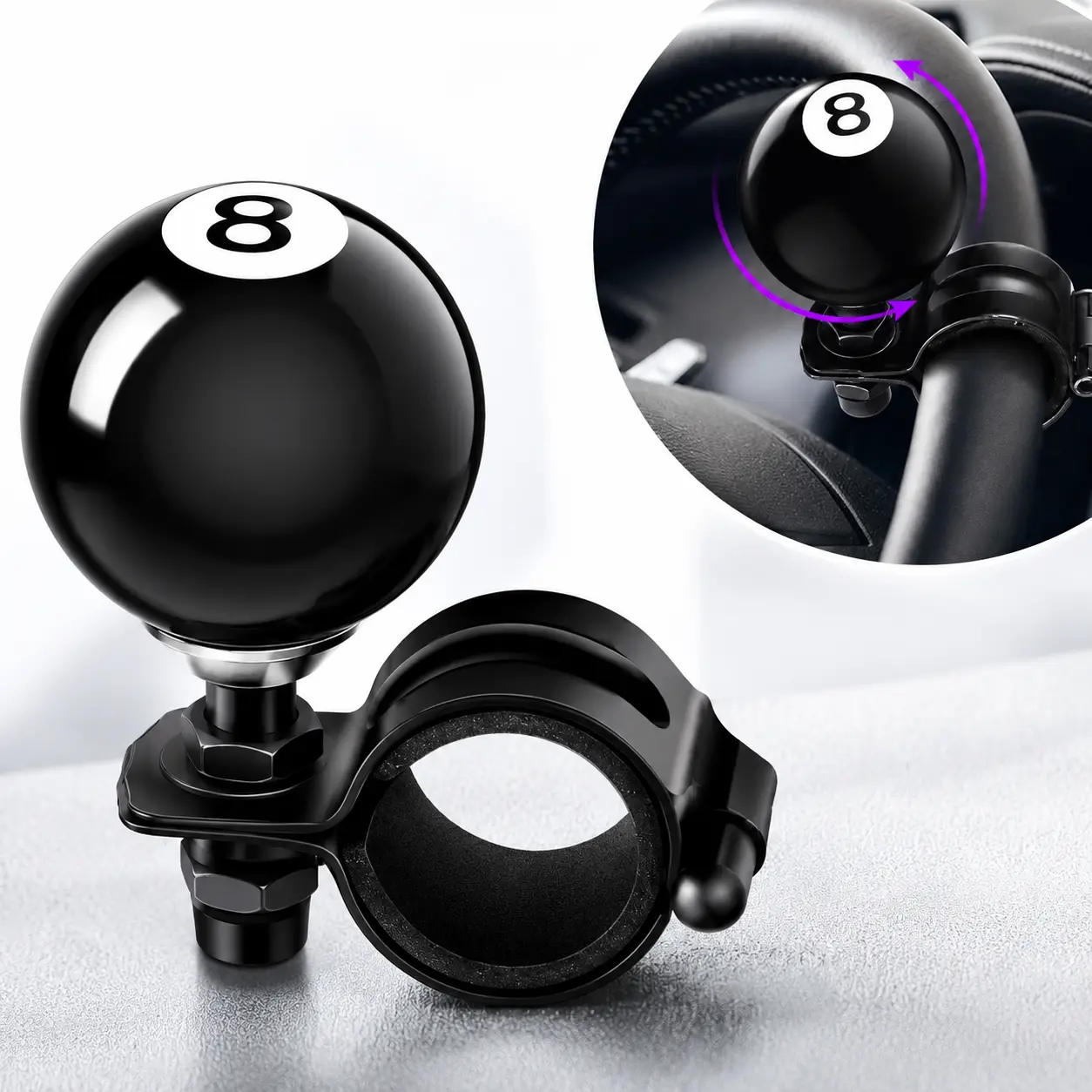 Black 8 Ball Steering Wheel Knob Spinner, 360 Degree Suicide Steering Wheel Knob Accessory for Cars, Trucks, Semis & Tractors