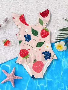 Girls' Spring Summer Swimsuit, One-Piece Swimwear with Lace Trim & Fruit Pattern, Sweet Unique Cute Gift for Beach Pool Party Holiday