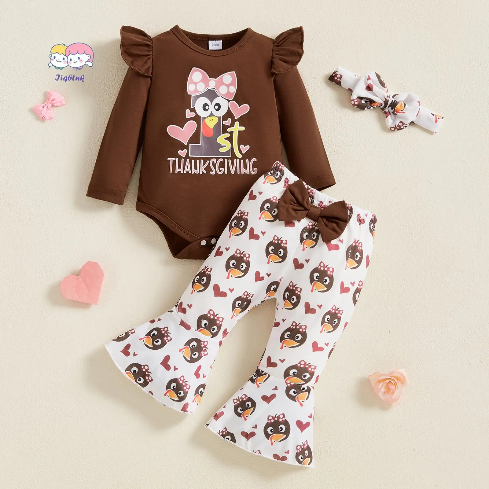 Baby Girls Clothing 3-Piece Thanksgiving Gift Set - Turkey Print Long Sleeve Romper, Flare Pants, Bow Headband for Fall (6-9 Months), Baby Clothing, Graphic, Elastane