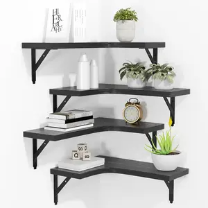 4-Piece Floating Corner Shelf Set, Wall-Mounted, Antique Wooden Storage Display Shelf, Suitable for Home Decoration, Bathroom, Kitchen, Bedroom, Living Room, Office (Black)