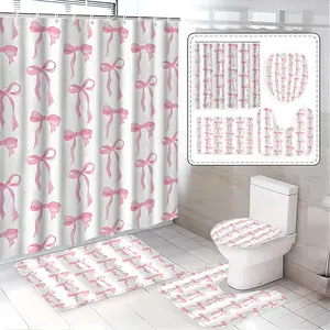 Bowknot Shower Curtain Set, Elegant Bathroom Decor, Includes Bath Mat, Toilet Lid Cover, U-Shaped Tray, Shower Essentials, Perfect Gift Idea