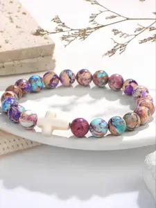 Fashion Cross Design Charm Bracelet, Colorblock Beaded Bracelet, Turquoise Texture Beaded Bracelet for Women As Gift, Cross Charm Bangle