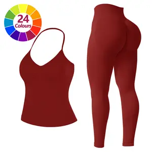 JGS1996 Women's Two-Piece Seamless Sports Sets – Solid Halter Backless Tank Top & Mid Waist Impact Leggings Set Breathable Comfortable Activewear for Yoga Gym Workout Running Summer All Season