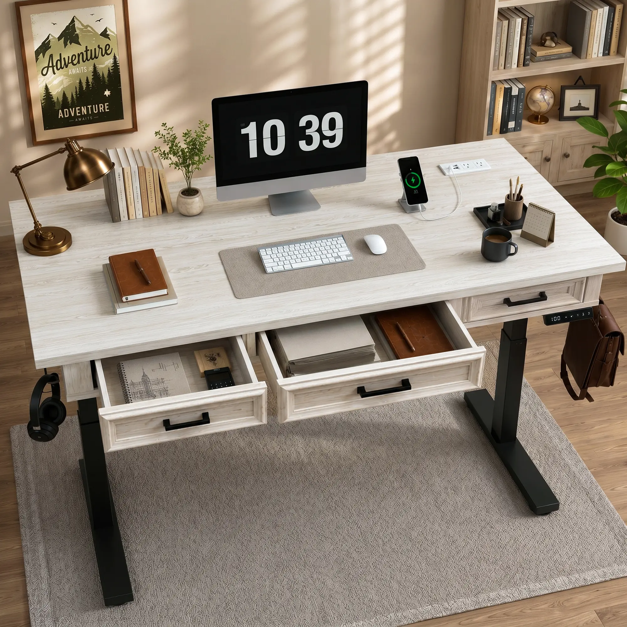 55-Inch Electric Standing Desk - Farmhouse Adjustable Standing Desk with 3 Drawers, Charging Station, Memory Presets, and Cable Management (White)