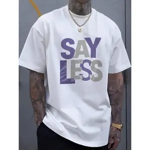 Men's Plus Size Black T-Shirt, Purple and White SAY LESS Print, Suitable for Casual Wear, PLUS SIZE