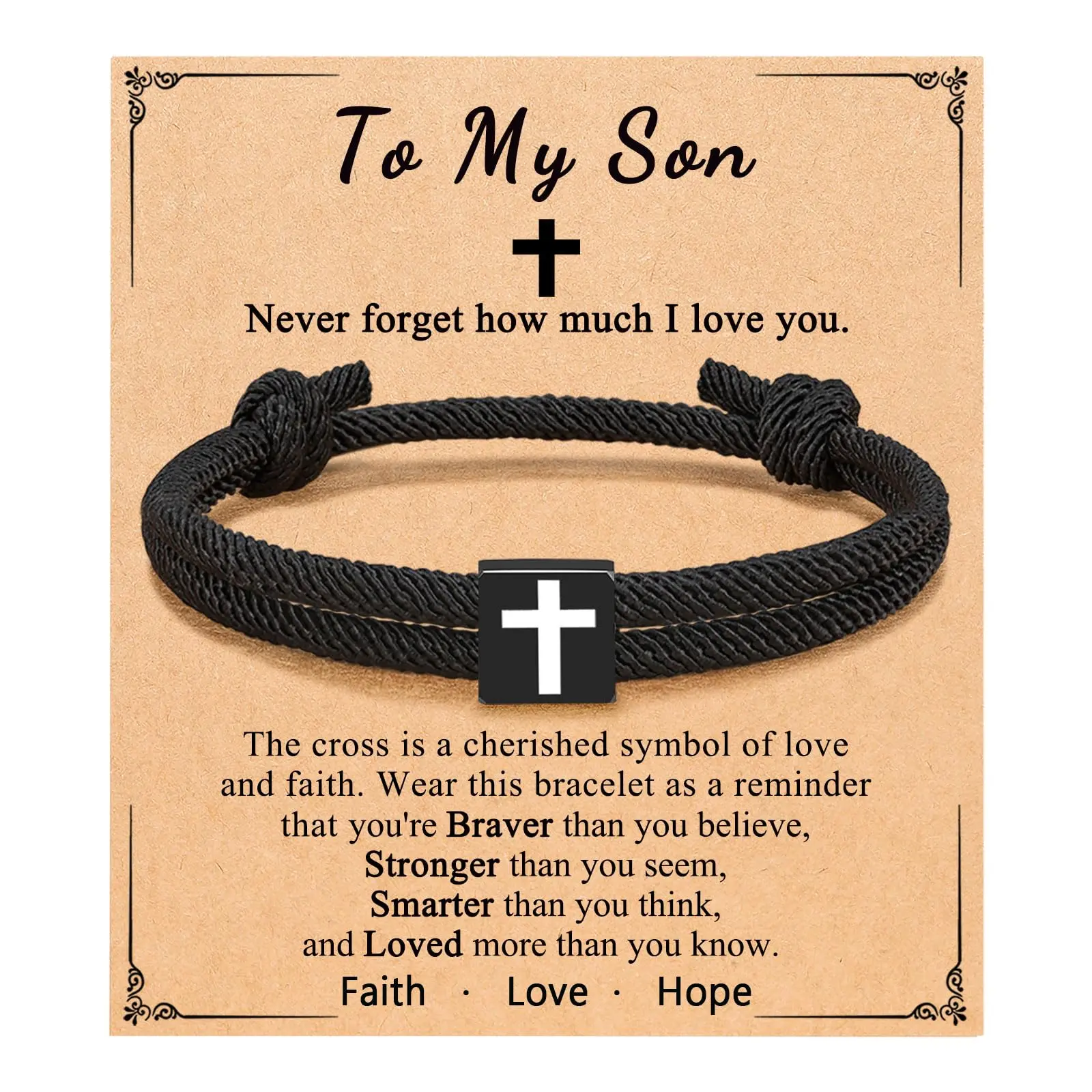 To My Son Handmade Braided Rope High Quality Bracelet - Stainless Steel Cross Charm Jewelry Gift, Mom-Dad Faith-Hope Bracelets Bangles, Graduation Valentine Gift for Teen Boys, Stocking Stuffer