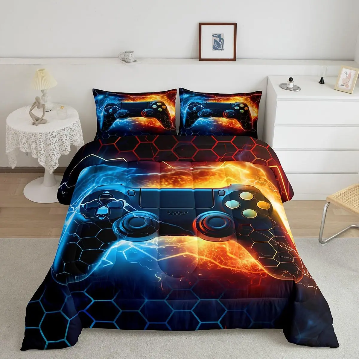 Feelyou Gamer Bedding Set - Blue Red Designer Microfiber Bedding, Honeycomb Gaming Comforter, Lightning Gamepad Decorative Bedding, Super Soft Breathable Duvet Set, Decorative Bedding Set