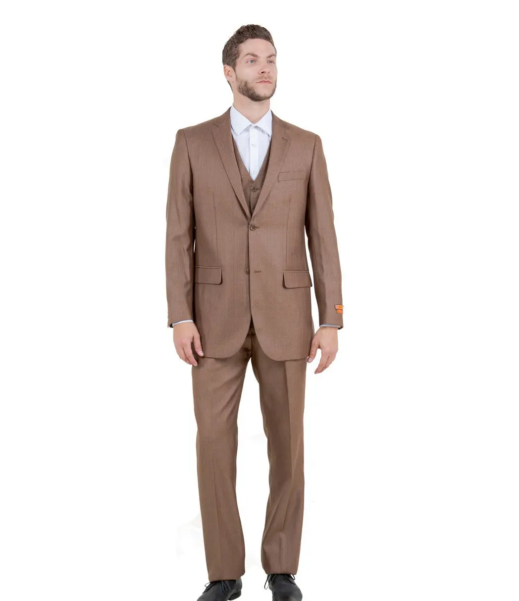 Textured 3-Piece Modern Fit Suit with Notch Lapel - Toast