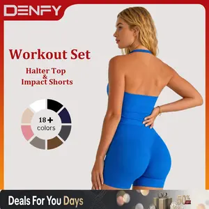 DENFY Two-Piece Suit Impact Halter Top & Workout Shorts mwear Women's Tank Tops Activewear Shorts Gym Sportswear