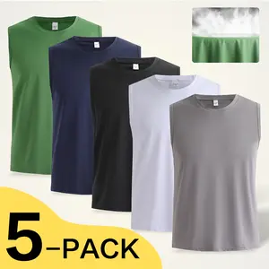 OKP 5 Pack Men's Plain Round Neck Sports Vest, Spring And Summer Quick-drying Breathable, Indoor And Outdoor Running Tank Tops Athleisure Casual