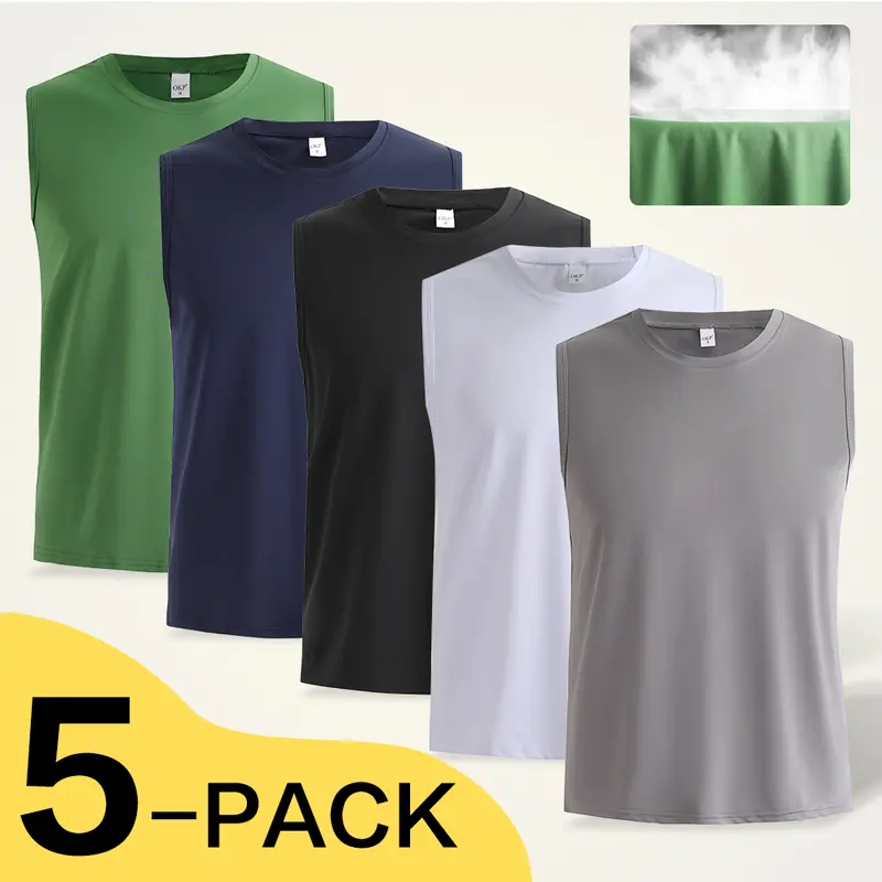 OKP Unisex 5-Pack Fitted Sports Fitness Vest Tank Tops - 95% Polyester Synthetic Blend, Quick-Dry, Breathable, Easy to Style, for Spring Summer Running, Fitness Workouts