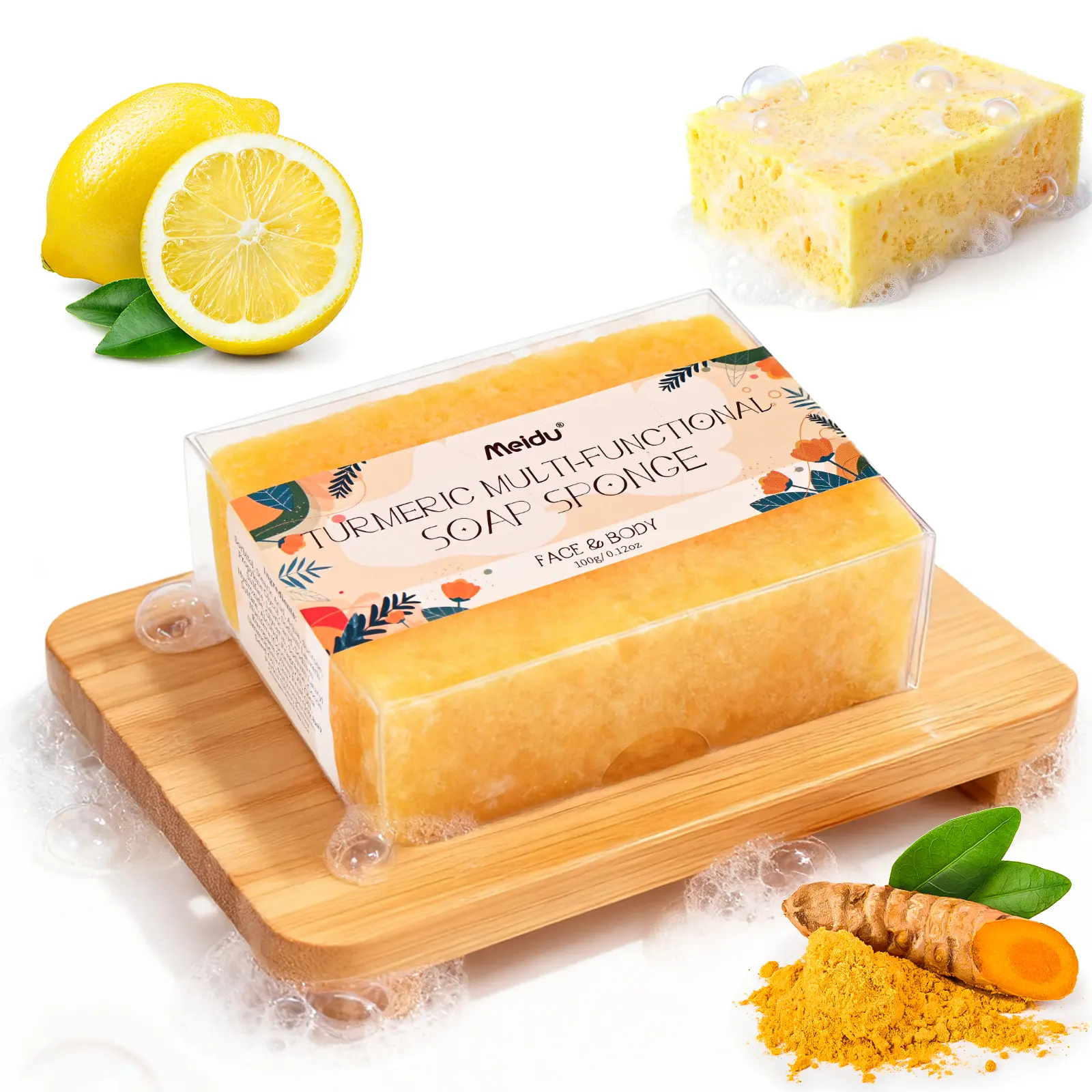 Turmeric Soap Sponge, MEIDU Lemon Turmeric Kojic Acid Soap Sponge, Dark Spot Remover Deep cleansing Bar Sponge  , Moisturizing Soap Sponge For Face &Body For Women& Men