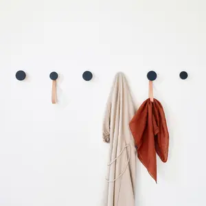 Large Wood & Ceramic Coat Hook / Hanger Leather Strap - Dark Blue