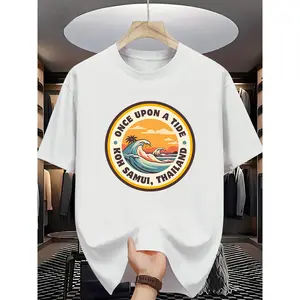 Men's Summer Beach Graphic Tee - "Once Upon A Tide Koh Samui Thailand" Wave Palm Tree Sunset Print Short Sleeve Vacation Style T-Shirt