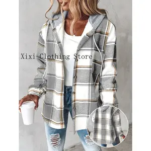 &[Plaid Shacket] Warm Plaid Long Sleeve Shacket - Button Fleece Lined Hooded Jackets Coat Fabric Womenswear