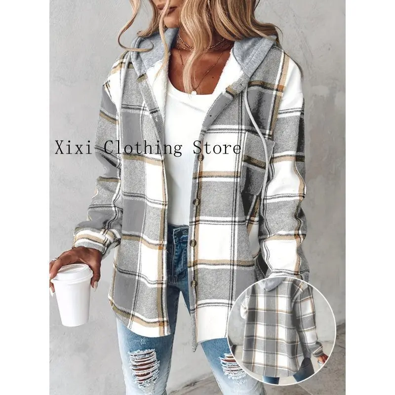 Women's Warm Plaid Long Sleeve Shacket Tops - Button-Front, Fleece-Lined, Hooded Sports & Outdoor Coat