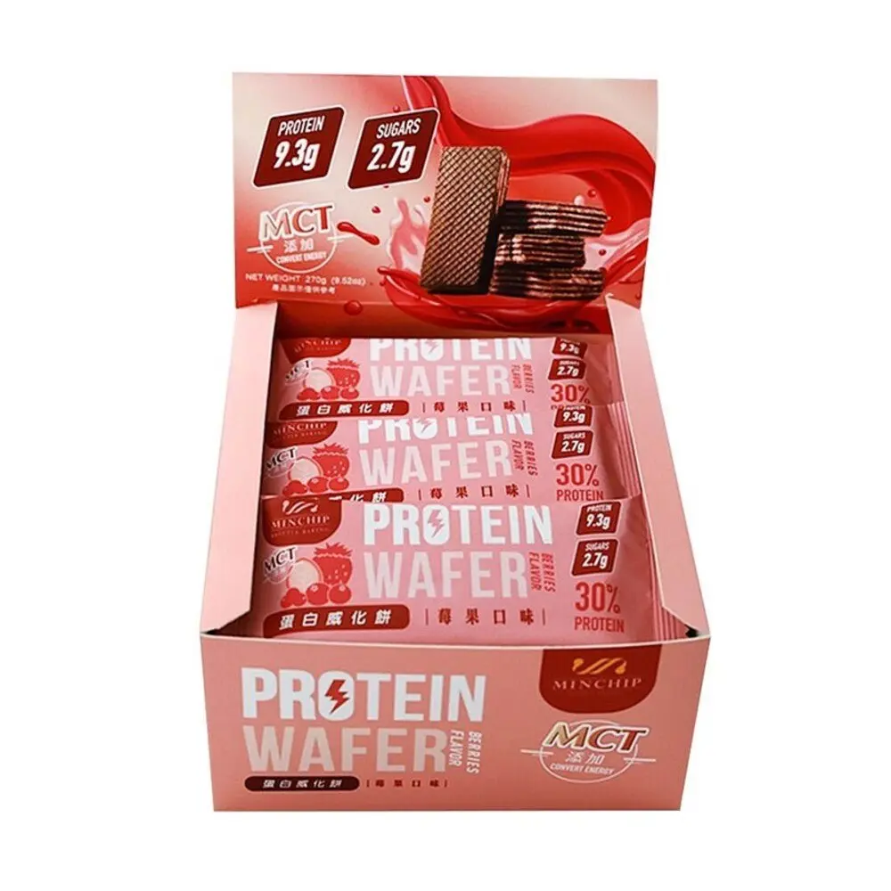 Minchip High Protein Wafer Bar - Tart Berry-Flavored, 30% Plant-Based Protein, MCT-Infused Bar-Shaped Nutrition Snack, Crunchy Healthy Treat, 30g x 9 Pack, Tart Fruit Fruity Berry