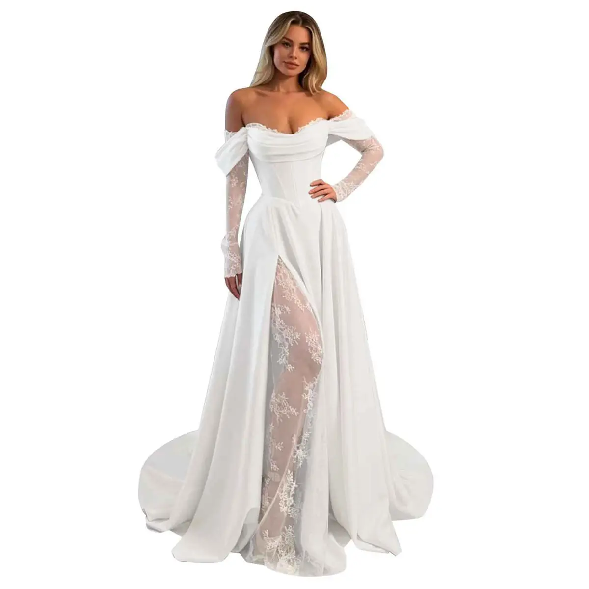 Women's Formal Off-Shoulder Satin Wedding Dress - Long Lace Sleeves, High Slit, A-Line, Corset Bodice, Chapel Train - Basic Matching Fabric Beach Bridal Gown